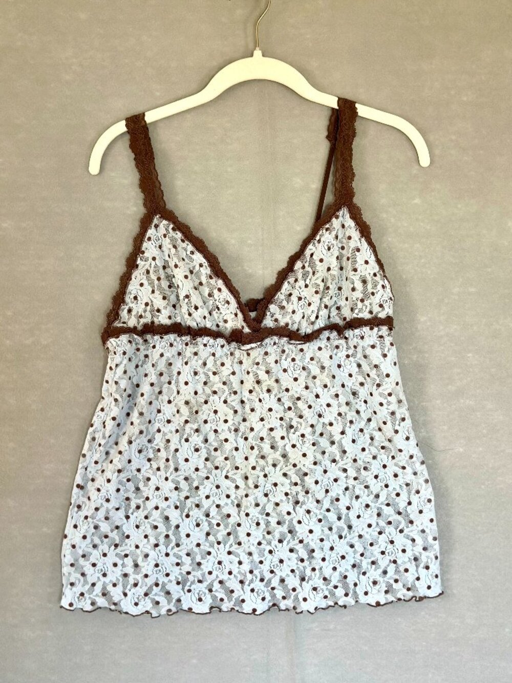 Hanky Panky Lace Camisole, size L, Light blue with brown polka dots, Y2K